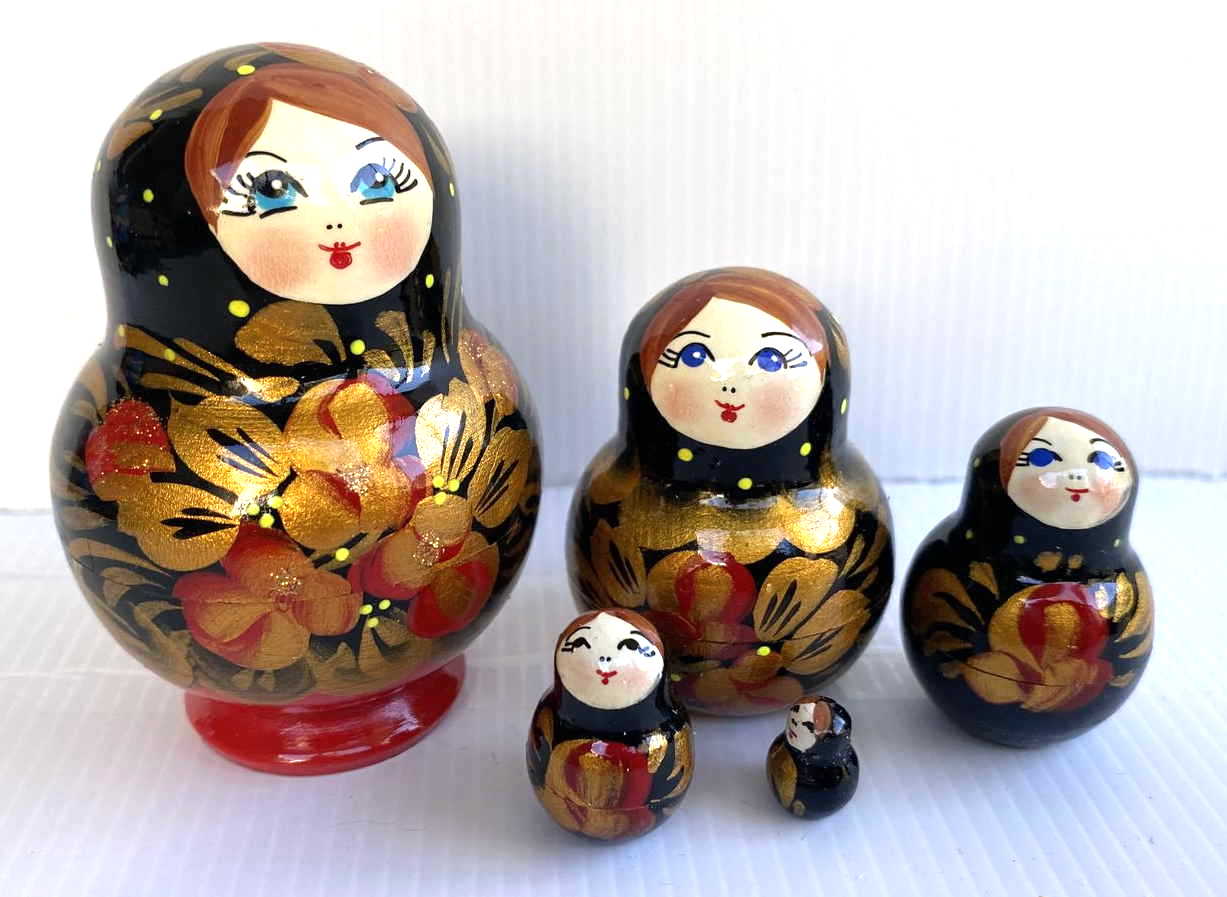 Black & Gold Matryoshka Nesting Dolls – Set of 5 | Hand-Painted
