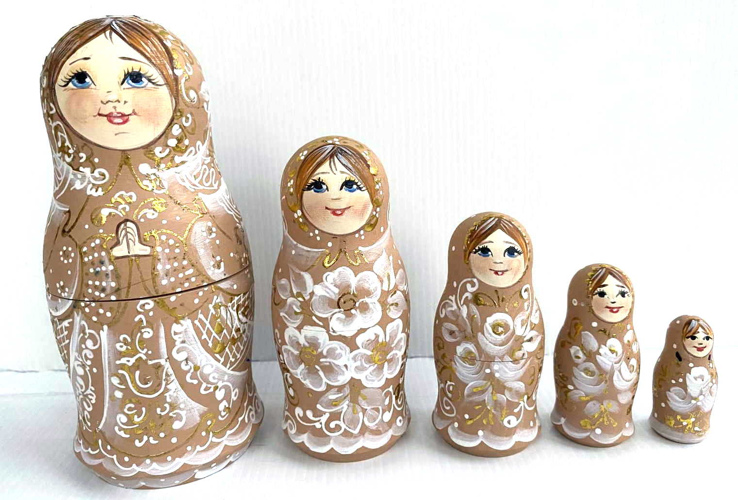 Morozova Champagne & Gold Floral Nesting Dolls - 5 Nested Set