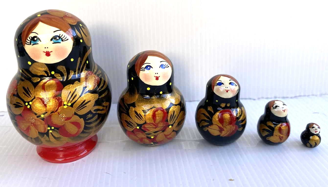 Black & Gold Matryoshka Nesting Dolls – Set of 5 | Hand-Painted