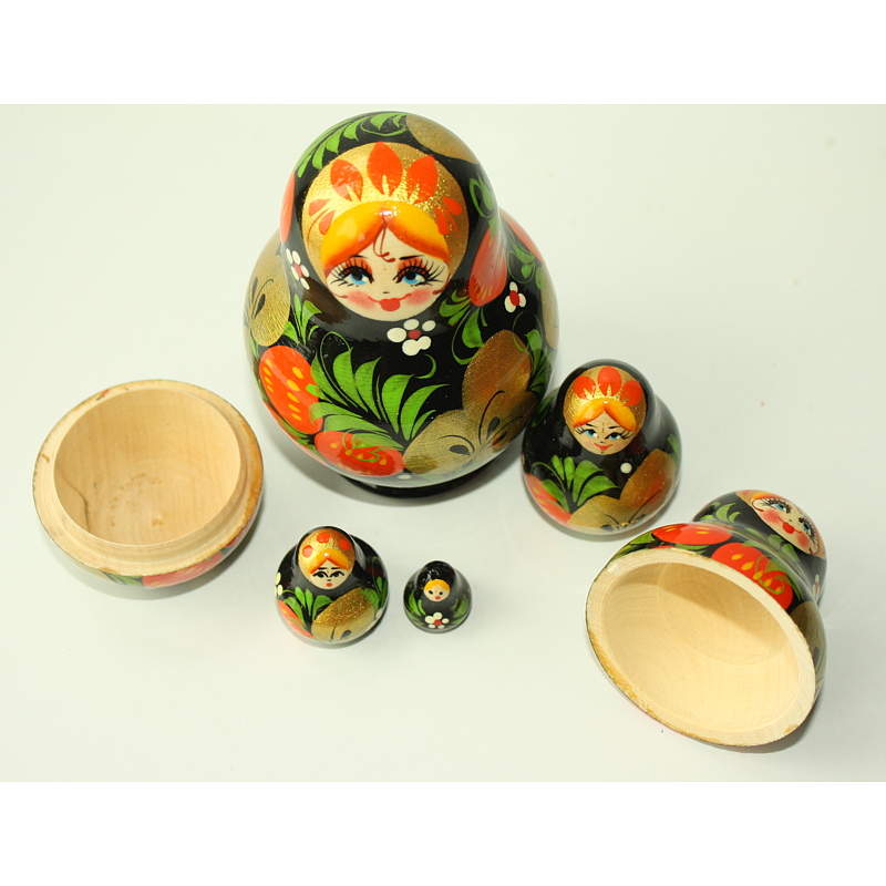 Vyatka Black Strawberry & Gold Floral Nesting Dolls – 5 Nested Set