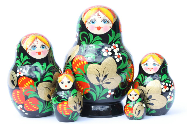 Vyatka Black Strawberry & Gold Floral Nesting Dolls – 5 Nested Set