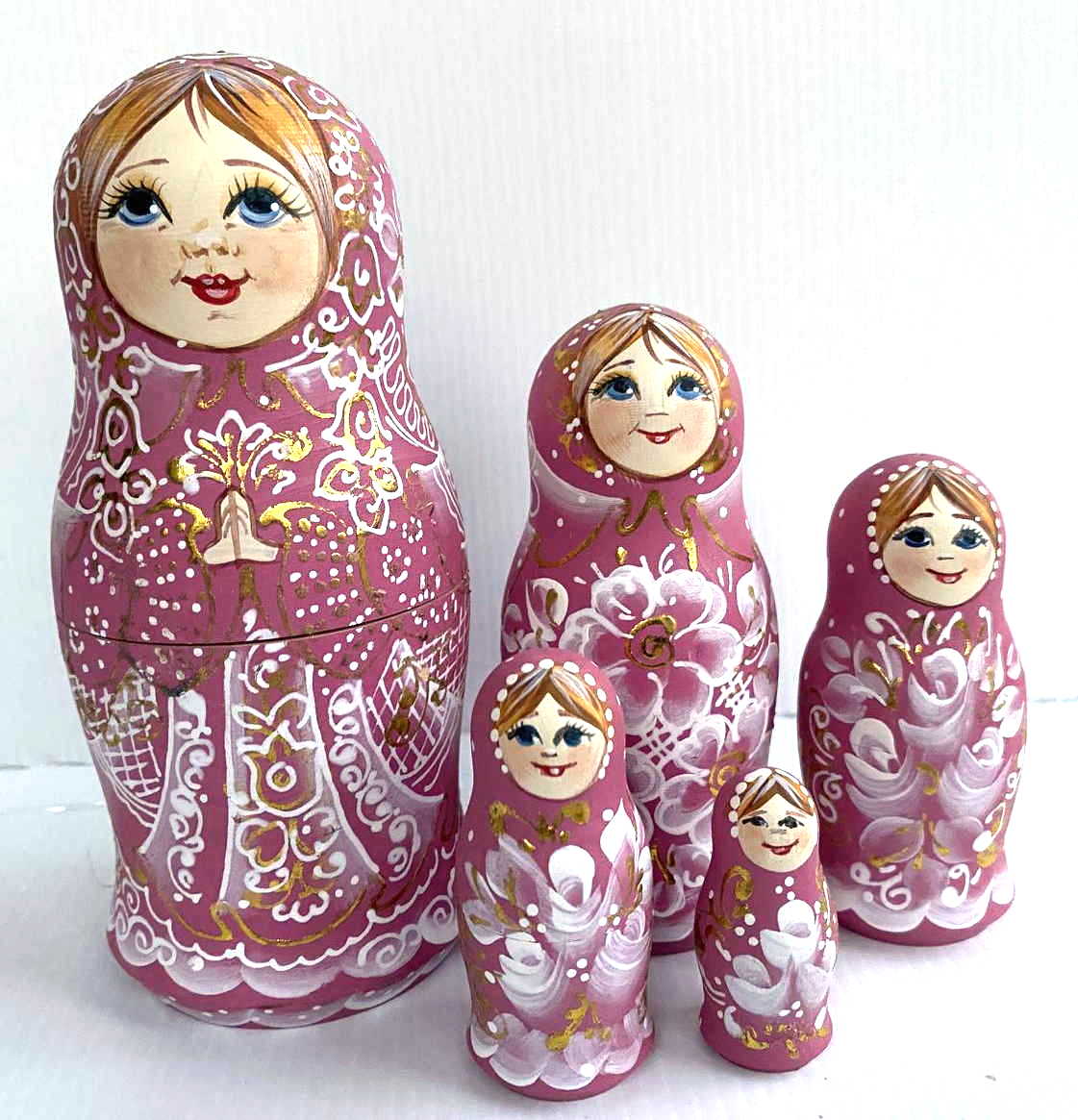 Morozova Pink & White Floral Nesting Dolls - 5 Nested Set