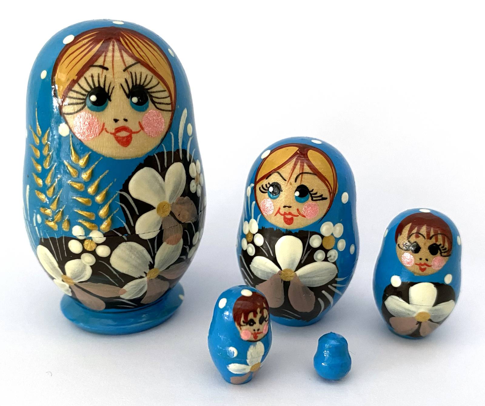 Miniature Blue Daisy Matryoshka – 5 Nested Set – 55mm